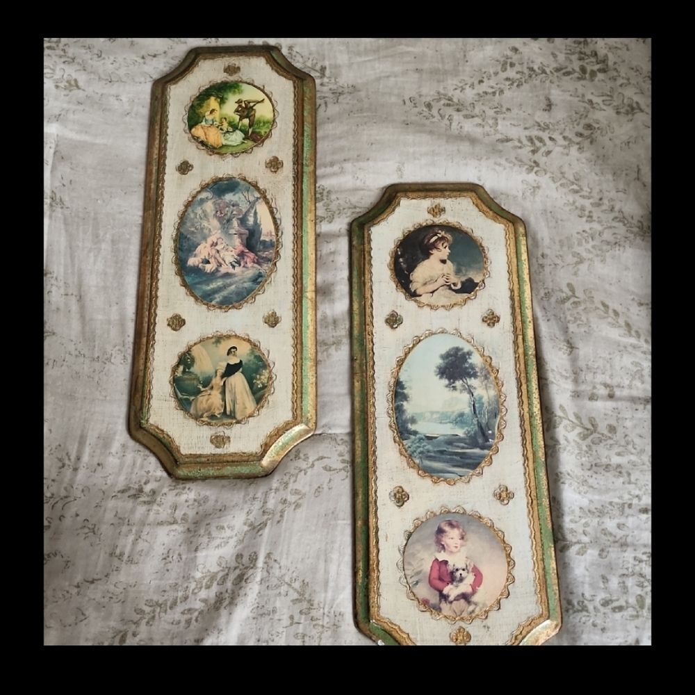 Vintage Italian Florentine Gilded Artisan Figural Art Prints Pair Coquette